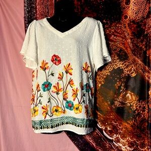 Ana & Rose Women’s Floral Embroidered White Top Size L